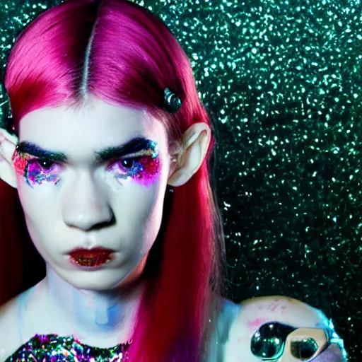 Prompt: a detailed cinematic symmetric wide shot render of Grimes as a cyborg covered with glitter in hell