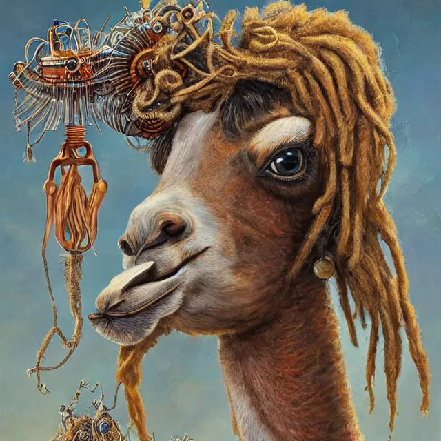 Prompt: llama with dreadlocks, by mandy jurgens, ernst haeckel, james jean. in the style of industrial sci - fi