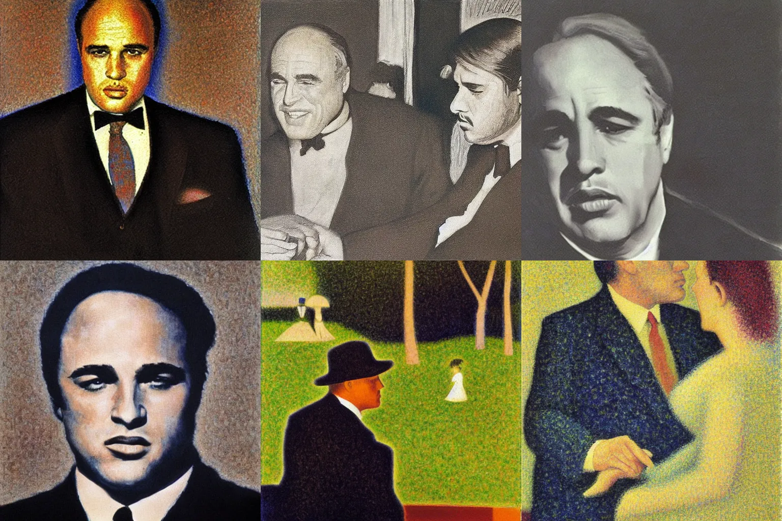 Prompt: Marlon Brando as The Godfather, painting by Georges Seurat