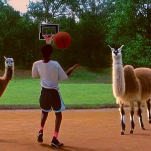 Prompt: llamas playing basketball, movie still