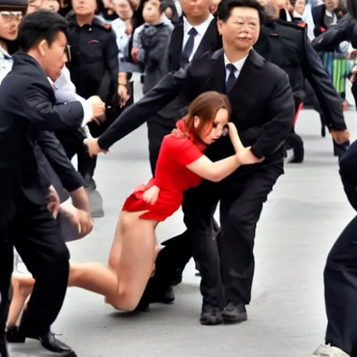 Prompt: angry emma watson putting xi jinping in a headlock as security agents close in, ap news