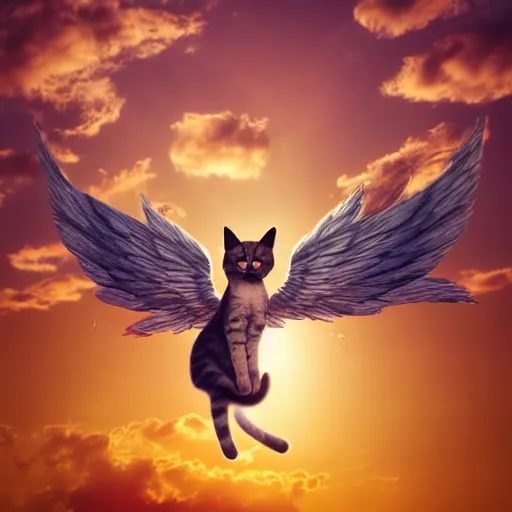 Prompt: a photograph of cute cat with wings flying towards the sunset, highly detailed, symmetric, artstation, precise, photorealistic, impressionism style