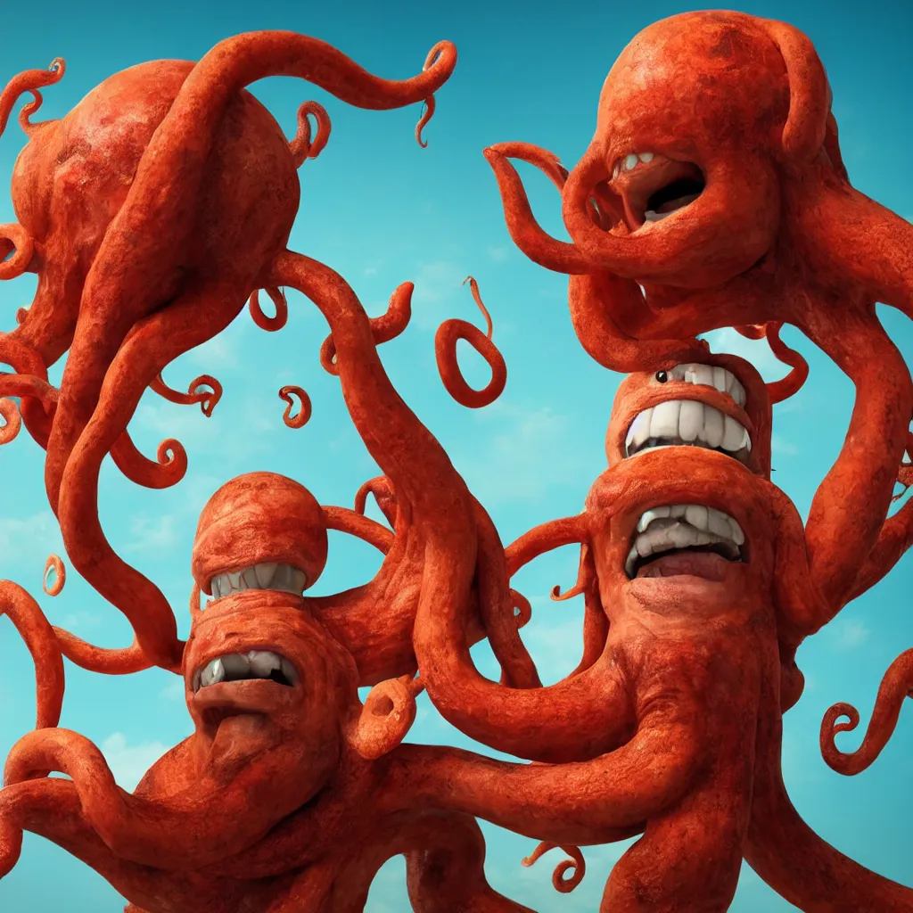 Image similar to a widescreen colorchrome portrait photo of a old happy screaming man holding a giant giant octopus with 6 eyes, style steve mccurry octane render 8 k