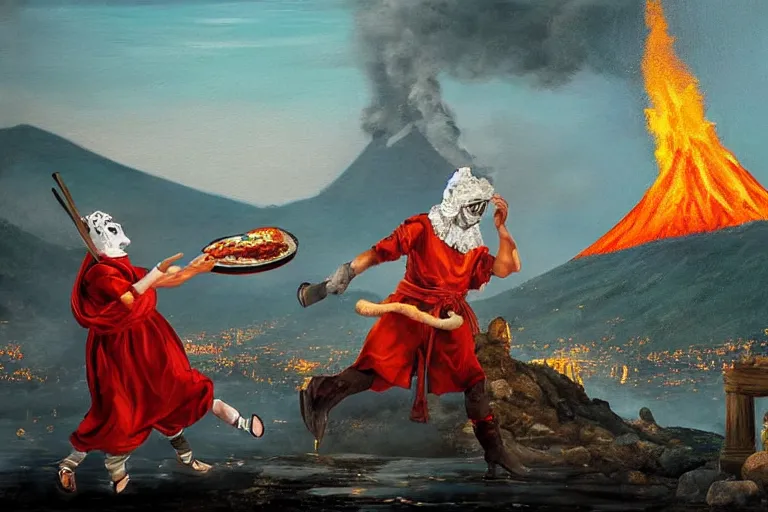 Prompt: a highly detailed pulcinella!!! from naples with pizza!! in the foreground, volcano in the background with smoke, blazing fire and glowing lava, full body, wide angle, an ultrafine detailed painting by rivorio mok, post - apocalyptic vibe, trending on deviantart, whimsical, lowbrow, coherent, sharp focus, octane, masterpiece