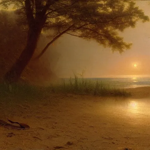 Image similar to An 1858 detailed oil painting of lost paddles on a primeval New England beach, by Albert Bierstadt. Misty, beautiful, natural, golden light.