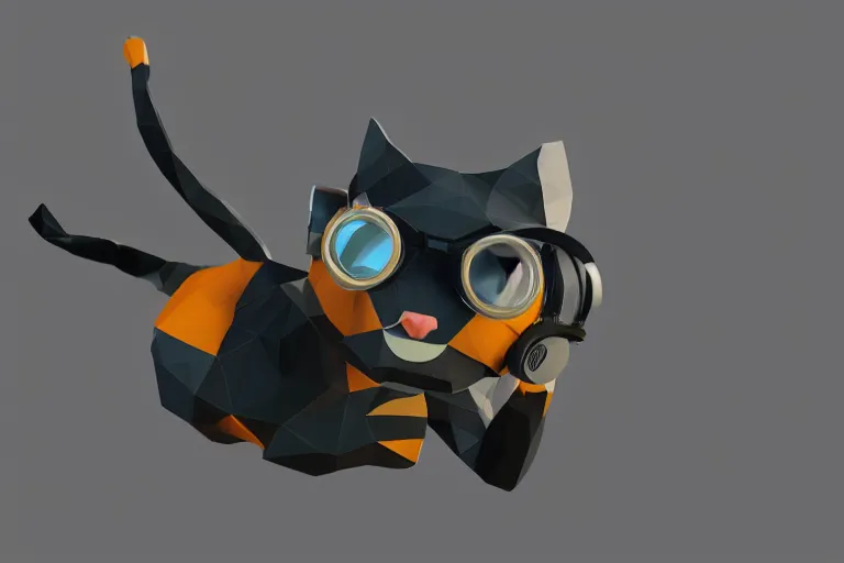 Image similar to a cat dressed as a scuba diver swimming underwater, low poly, render, blender, low polygon, creepy, vast,