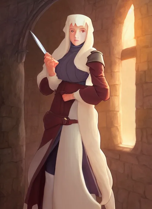 Prompt: cute medieval spymaster holding knife, natural lighting, path traced, highly detailed, high quality, digital painting, by don bluth and ross tran and studio ghibli and alphonse mucha, artgerm