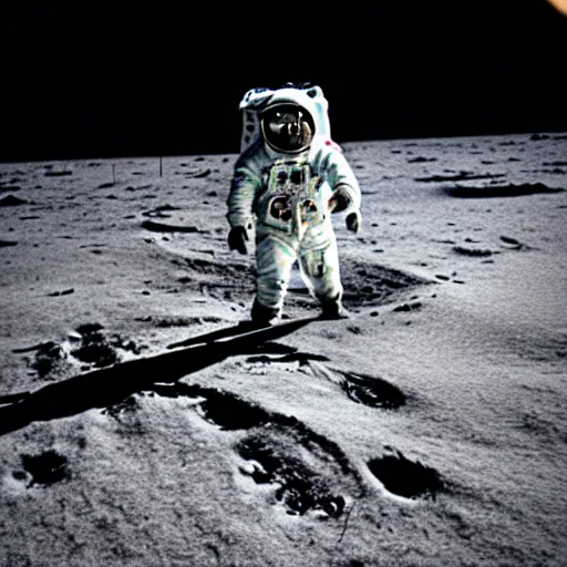 Prompt: found footage of an astronaut walking on a potato, black and white, film grain, light bleed