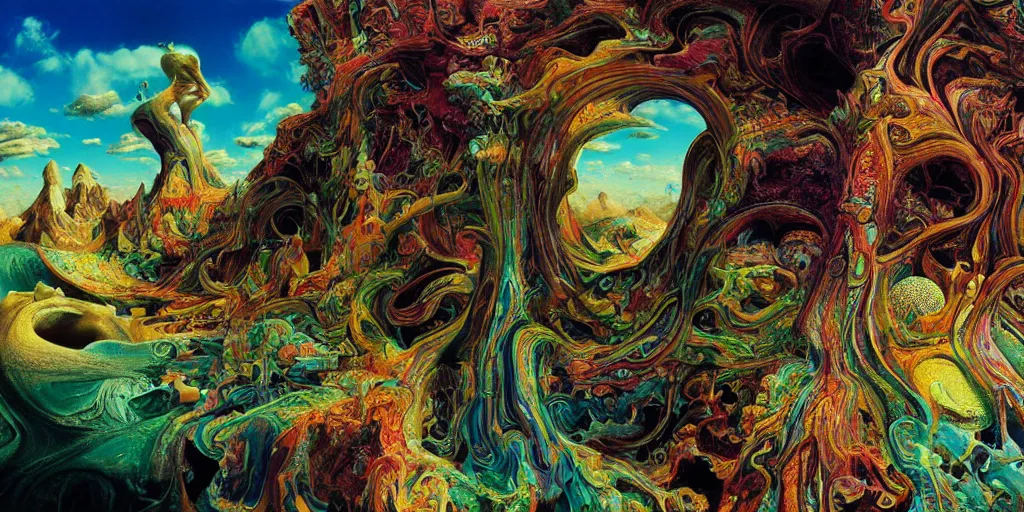 Image similar to ultrawide angle colour masterpiece surreal closeup portrait photography of surrealism by annie leibovitz and michael cheval, double exposure, weird surreal epic psychedelic complex biomorphic 3 d fractal landscape in background by kilian eng and roger dean and giger and salvador dali and beksinski, 8 k