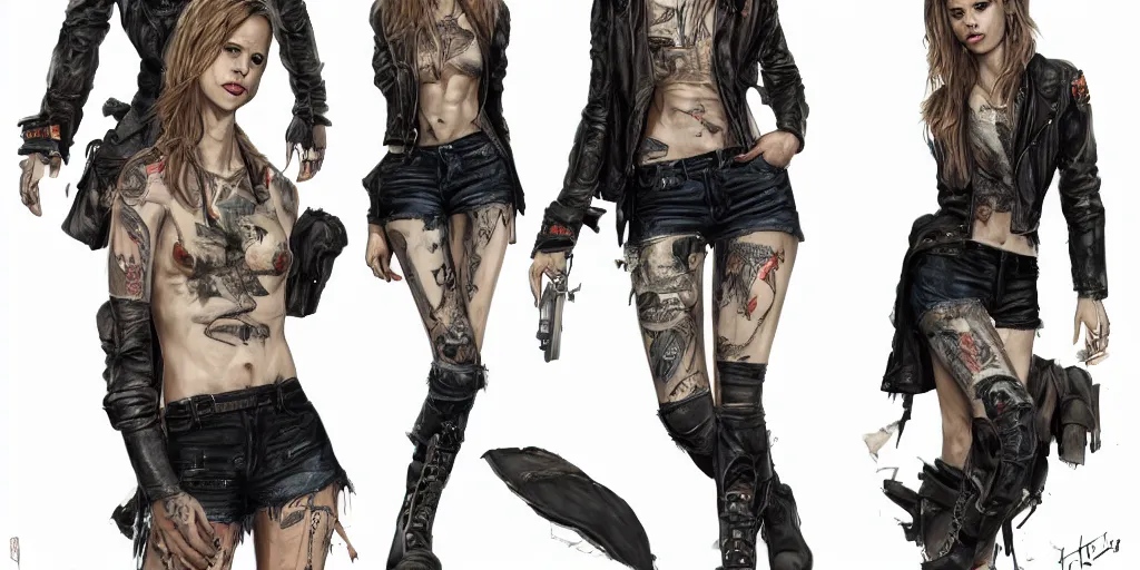 Image similar to portrait of halston sage as a tattooed wanderer, wearing scratched and ripped leather shorts, wearing an aviator jacket, character sheet, fine details, concept design, contrast, kim jung gi, greg rutkowski, trending on artstation, 8 k, full body, turnaround, front view, back view, ultra wide angle