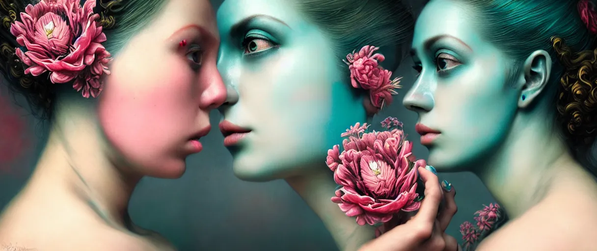 Image similar to hyperrealistic hyper detailed neo-surreal close-up side portrait of gorgeous woman covered in rococo flower tattoos matte painting concept art hannah yata very dramatic dark teal lighting low angle hd 8k sharp 35mm shallow depth of field