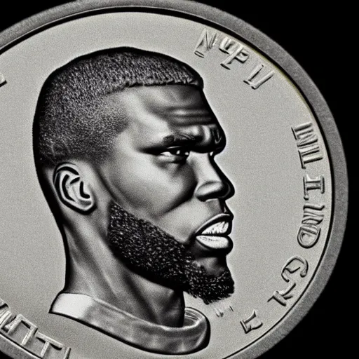 Prompt: a photograph of a 5 0 cent coin depicting rapper 5 0 cent