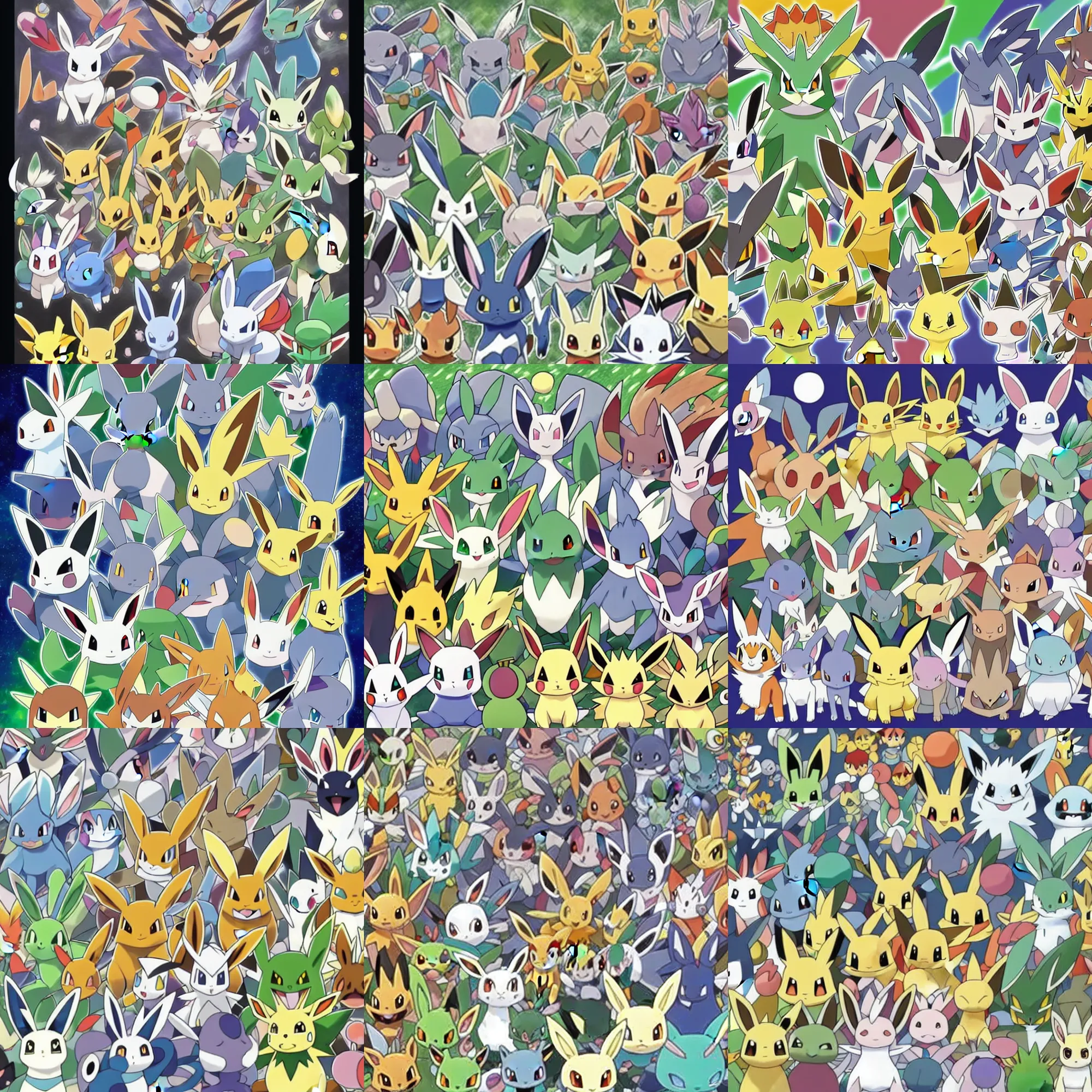 Prompt: official art of a symmetrical crowd of Pokémon, by Ken Sugimori and Junichi Masuda, whitespace, Bulbapedia, Pokémon logo, eevee jolteon flareon umbreon espeon vaporeon sylveon leafeon