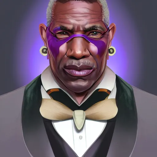 Image similar to a portrait of a muscular older black man with cornrows and a purple suit with a monocle on, D&D, sci-fi, elegant, hopeful, muscular, highly detailed, digital painting, artstation, concept art, smooth, sharp focus, illustration