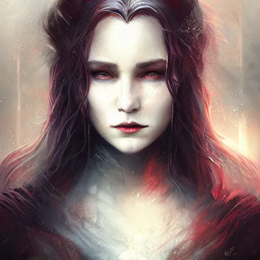 Image similar to Majestic and regal portrait of a female vampire, intricate, epic, elegant, menacing, fantasy, highly detailed, digital painting, hard focus, beautiful volumetric lighting, epic light, ultra detailed, by Leesha Hannigan, Ross Tran, Thierry Doizon, Kai Carpenter, Ignacio Fernández Ríos