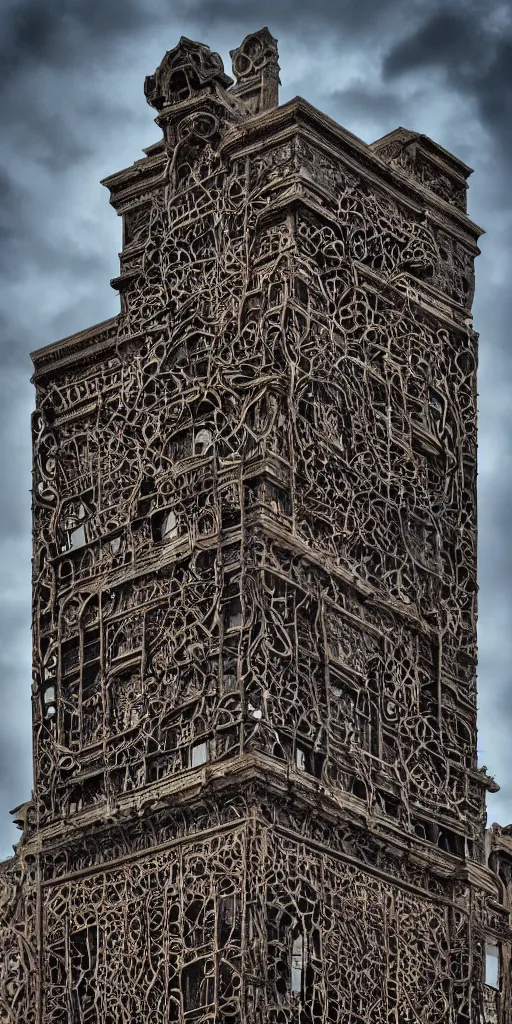 Image similar to a professional photograph of a very beautiful beautiful modern building by Louis Sullivan and H.R. Giger covered in black ironwork vines, Chiaroscuro, layers of colorful reflections, rusticated stone base, rusticated stone base, rusticated stone base, a dramatic sky, crowds of people climb the building, a dramatic sky, crowds of people , Sigma 75mm, ornate, very detailed, Symmetrical composition, centered, intricate, panoramic, Dynamic Range, HDR, chromatic aberration, Orton effect, 8k, photo by Marc Adamus, painting by Jeremy Mann, cinematic, vignette, vignette tilt-shift, bokeh , artstation