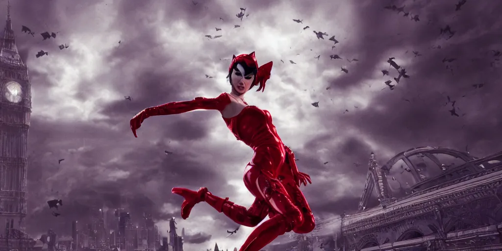 Prompt: epic scene of ( most gorgeous character hyper detail in amazing detail red dress, beautiful hyper detail face, detail ) ( fighting ) ( catwoman in a black tank top, detailed face ), hyper realistic 3 d render, art station, particles, epic scene, mucha, clouds, jump pose, blur focus, action,