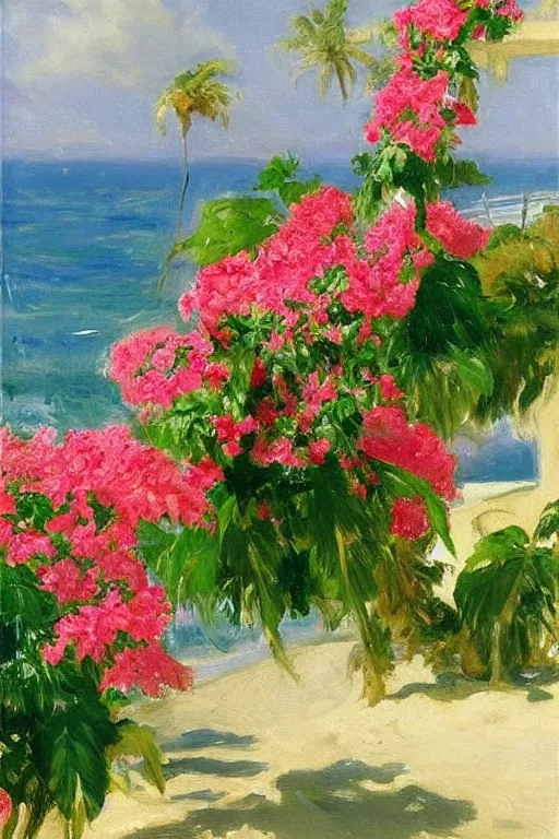 Image similar to beach, rose bunch on the sea surface, a sun in the sky bougainvillea palms, painting by john singer sargent