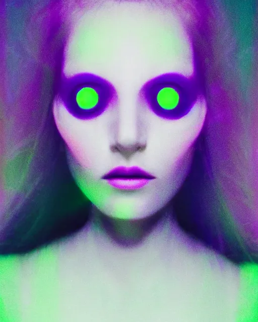 Prompt: featureless serene robotic woman's face, long metallic hair, dark makeup, violet and yellow and green and blue lighting, polaroid photo, 1 9 8 0 s cgi, atmospheric, whimsical and psychedelic, grainy, expired film, super glitched, corrupted file, ghostly, bioluminescent glow, sci - fi