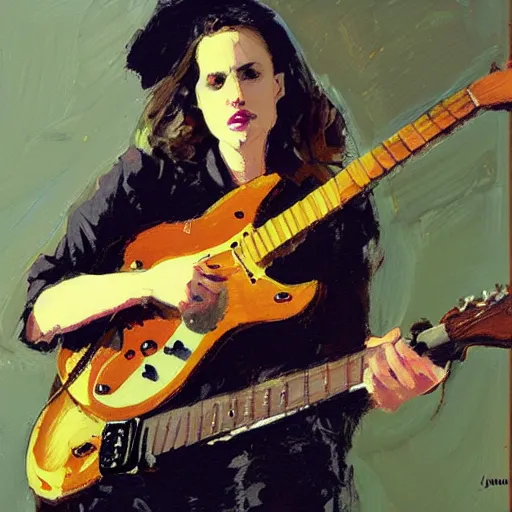 Prompt: Anna Calvi playing electric guitar, oil painting by Jason Shawn Alexander