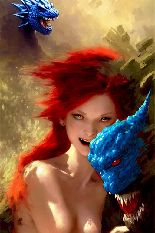 Image similar to red haired vampire maid, pointing accusingly at a small blue godzilla wearing a rainbow hat portrait dnd, painting by gaston bussiere, craig mullins, greg rutkowski, yoji shinkawa