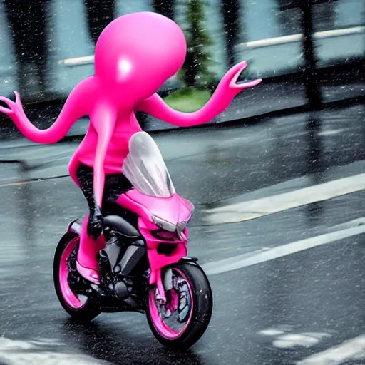 Image similar to hyper realistic, photo, humanoid pink female Squid girl, popping wheelie on motorcycle fast in the rainy city traffic