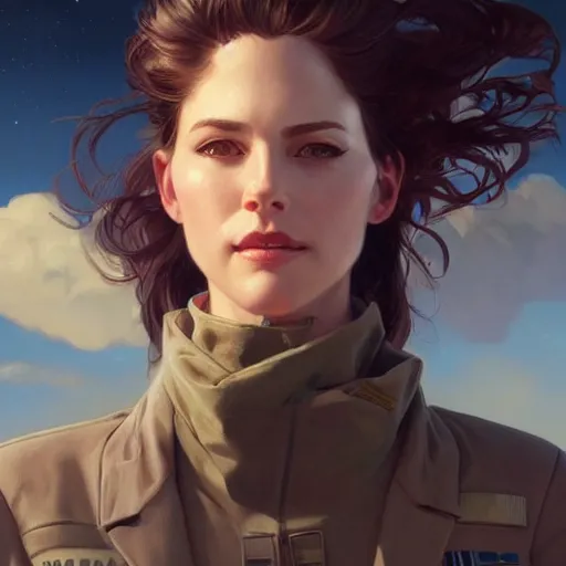 Image similar to female pilot, portrait, highly detailed, digital painting, artstation, concept art, sharp focus, illustration, art by artgerm and greg rutkowski and alphonse mucha