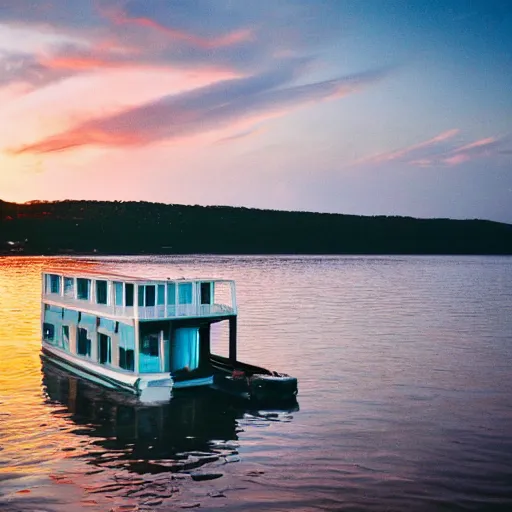 Image similar to a photo of a house boat on the water, sunset