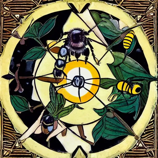 Image similar to a pagan ritual with a bumblebee in the middle of a bullseye of salt, art nouveau