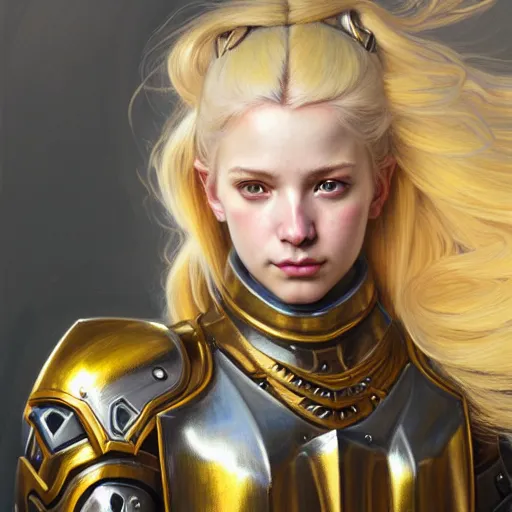 Prompt: Portrait of a girl with blonde hair wearing a heavy knight armor, Overwatch inspired, golden accents and armor by Donato Giancola, face, fantasy, intricate, elegant, highly detailed, digital painting, artstation, concept art, smooth, sharp focus, illustration, art by Wei Fan and Fernanda Suarez and Artem Demura and alphonse mucha