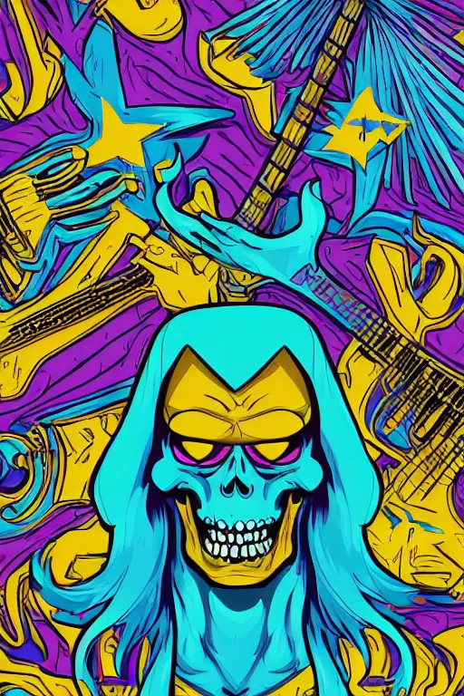 Image similar to rockstar skeletor, art by brian miller, sticker, colorful, illustration, highly detailed, simple, smooth and clean vector curves, no jagged lines, vector art, smooth