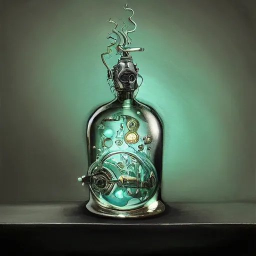 Prompt: a painting of a complex detailed steampunk mechanical aquamarine colored potion bottle centred on a counter, by h. r. giger, hyperrealistic fantasy art, concept matte, ethereal, dreamy, digital art, trending on artstation, volumetric cinematic lighting