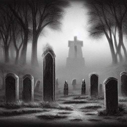 Image similar to an endless eerie graveyard with ancient tombstones, misty, thick strands of fog, catacomb in background, frame is flanked by dark trees, a shadowy ghostlike creature is visible, creepy, night, finely detailed extremely realistic black and white pencil drawing