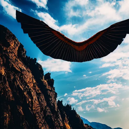 Image similar to winged man, flying over a mountain, dramatic lighting, 4 k, photography, award winning photo