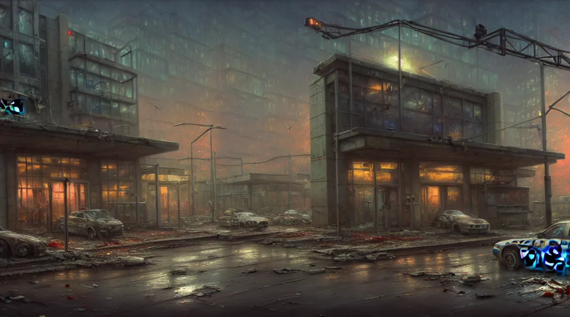 post apocalyptic police station, building, avenue, Stable Diffusion