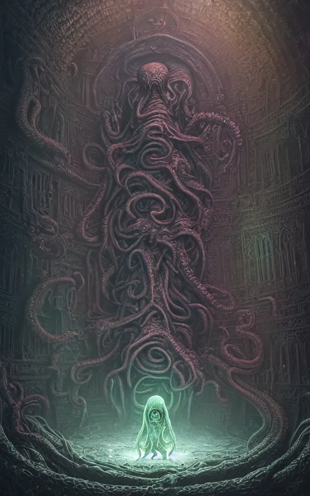 Image similar to hooded necromancer in front of a cthulhu within a viscosity fluid lovecraft portal, wide - angle portrait photography, intricate architecture, baroque detailed, unreal engine, octane render, micro detail, digital art by dan mumford and peter mohrbacher and wayne barlowe, intricate detail, subsurface scattering, ray tracing, vivid colors, octane render