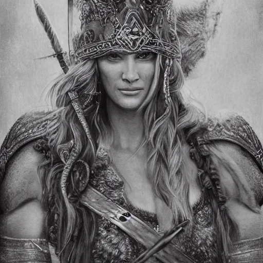 Prompt: hyper realistic pencil drawing of Christina Henricks as a viking princess, intricate detail, beautiful, battle armor, war, fight, light, dragon, colorful