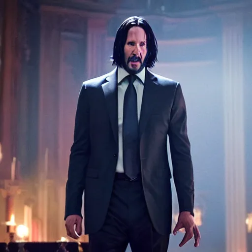 Image similar to cinematic still of John Wick singing on stage holding a Bible in John Wick (2009). loud singing. church choir behind. heavenly lighting. shallow depth of field, cinematic