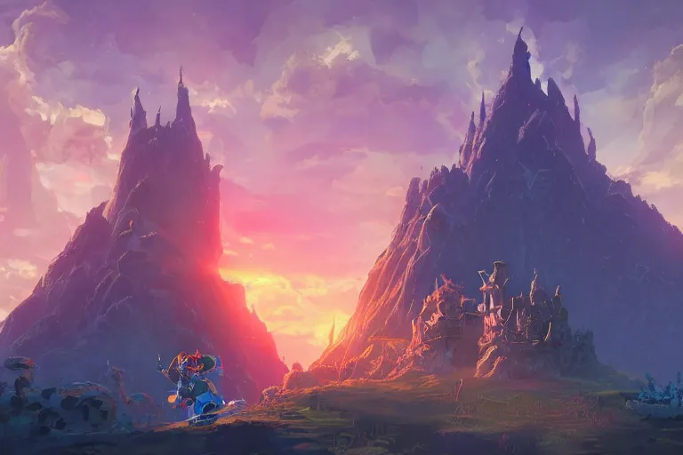 Image similar to the lost castle, zelda breath of the wild, in the style of stephan martiniere and vicente segrelles, trending on artstation, back lighting tilt - shift cottagecore, abstract illusionism, movie poster, creature concept art, precisionism