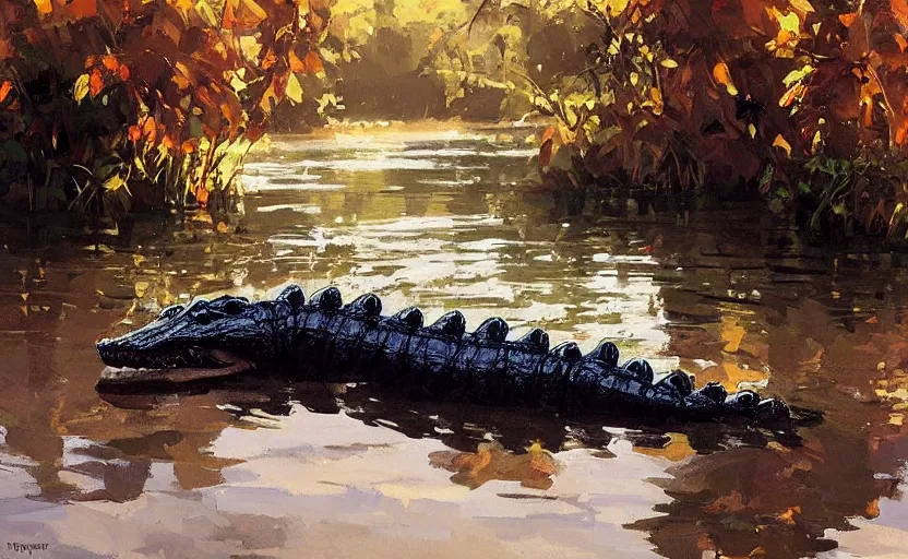 Image similar to a cute alligator in a river by Atey Ghailan and Michael Garmash