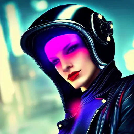 Prompt: portrait of a young, beautiful cyberpunk woman wearing a black leather jacket and motorcycle helmet. sci - fi, stylish, colourful, digital painting, artstation, mood lighting, neon, vivid colour, sharp focus, reflections, film grain, depth of field