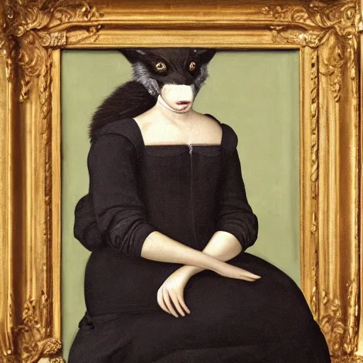 Prompt: the renaissance painting of a female anthropomorphic black fox, sitting and wearing a renaissance socialite dress