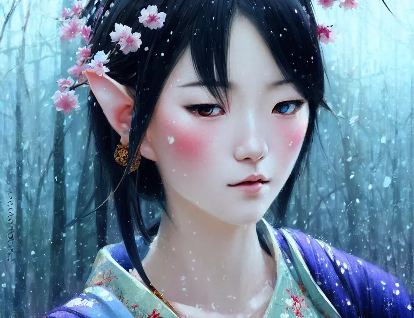 Image similar to a beautiful shibuya 1 0 9 female elf with haori and kimono decollete and jewelry | | snowy, realistic shaded, unpleasant face, channel, fasion, fine details, realistic shaded lighting poster by makoto shinkai, jeremy lipkin, michael garmash, magali villeneuve, artgerm, jeremy lipkin and michael garmash