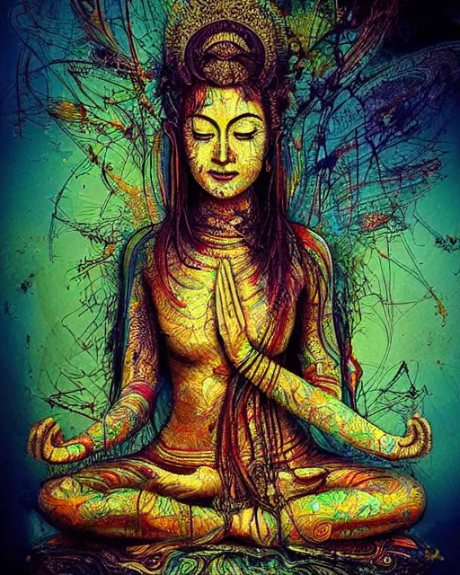 Image similar to strikingly beautiful female bodhisattva, praying meditating, realism, elegant, intricate, portrait photograph!! by Carne Griffiths and David Cronenberg