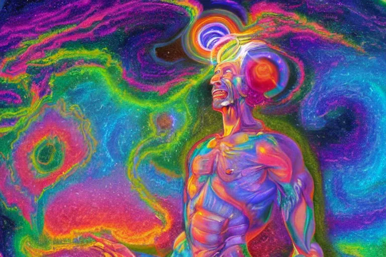 Prompt: google satellite view of a god transubstantiating into a human being, highly detailed, realistic, illustrated by bob ross and lisa frank