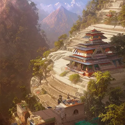 Prompt: ultra wide painting of nepal in year 2 0 7 7, science fiction, ultra realistic, concept art, intricate details, highly detailed, photorealistic, octane render, 8 k, unreal engine. art by artgerm and greg rutkowski and alphonse mucha