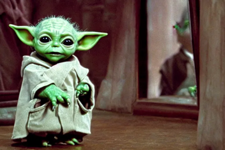 Image similar to promotional image of Baby Yoda in Harry Potter and the Philosopher's Stone (2001 film) standing in front of the Mirror of Erised and staring at his reflection, movie still, promotional image, imax 70 mm footage