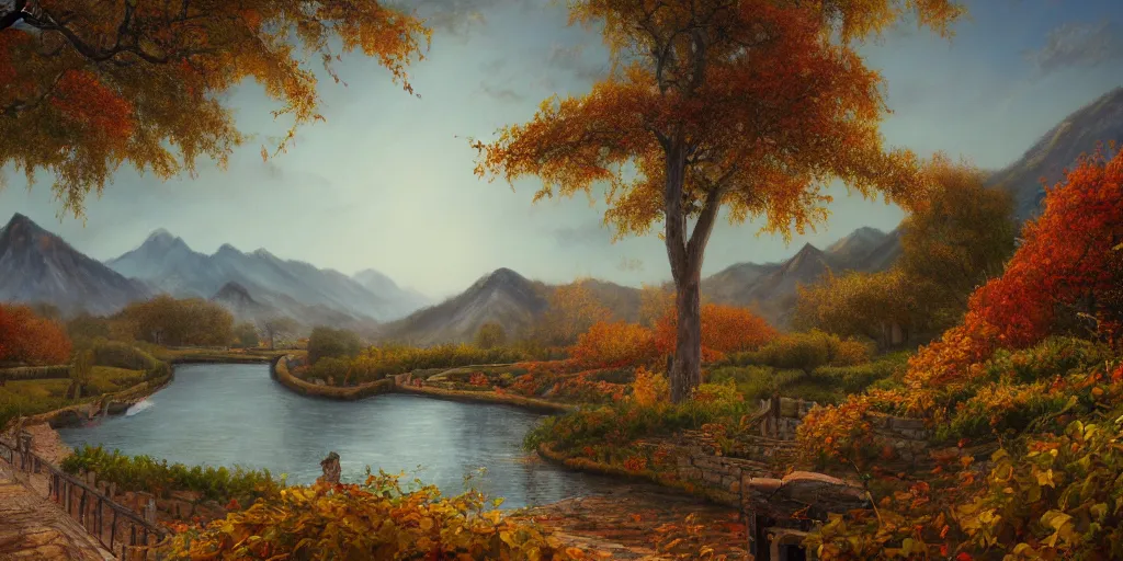 Image similar to painting of a FANTASY winery in BEIJING autumn, with a river winding through them. In the distance, there are mountains. by bob ross, Albert Bierstadt, immaculate scale, hyper-realistic, trending on Artstation, 8k, detailed, atmospheric, immaculate