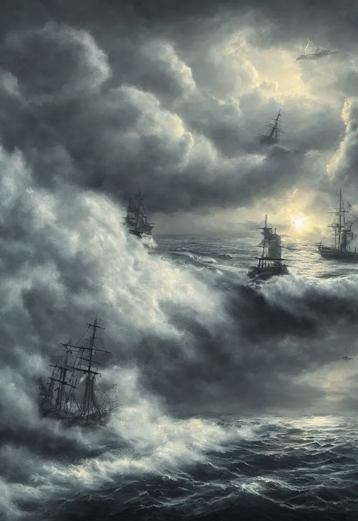 Image similar to ship being persecuted by a police ship over raging turbulent waters, hyper realistic, highly detailed, digital art, apocalyptic, intimidating lighting, raytracing, sharp focus, smooth, romanticism