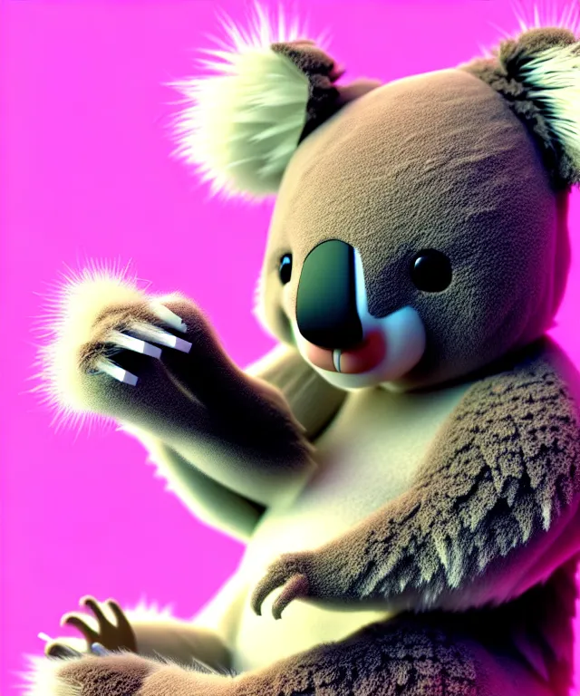 Image similar to high quality 3 d render hyperrealistic very cute small koala smoking weed, plush mascot, short spiky dense fluffy smooth hair, photo from the side, pink fluffy fur, 1 5 0 mm, beautiful natural soft light, rim light, vray, smooth background, artstation, ultra detailed